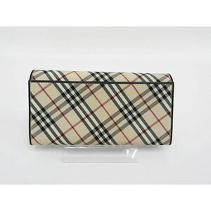 Burberry Wallet Beige Long Black Check Leather Canvas